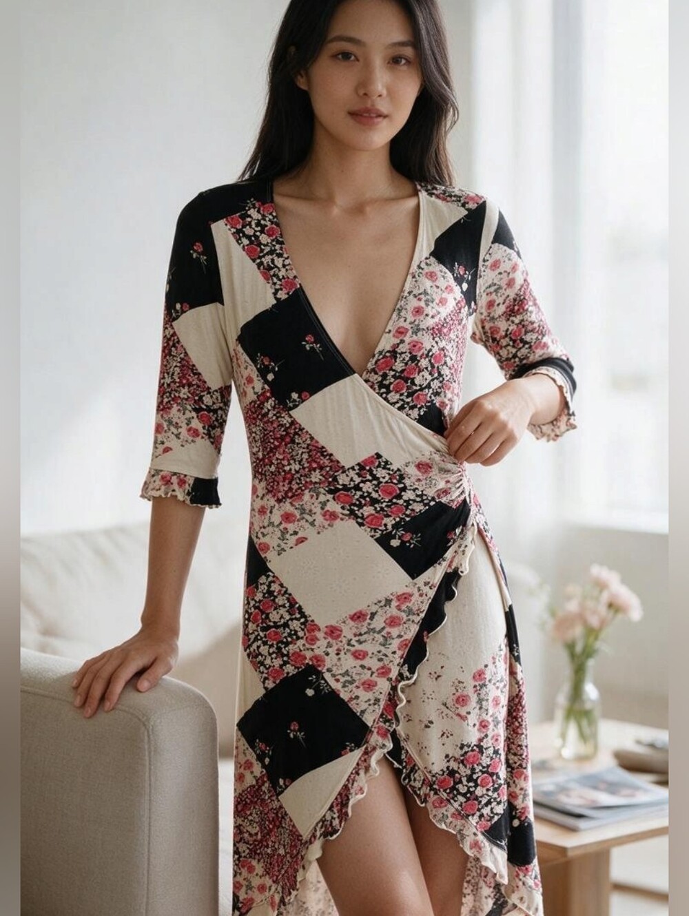 Vintage A.B.S. Allen Schwartz Patchwork Floral Wrap Dress - Size Small